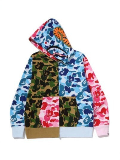A Bathing Ape Shark Multi‑Color Patchwork Camo Full Zip Hoodie Hover Image