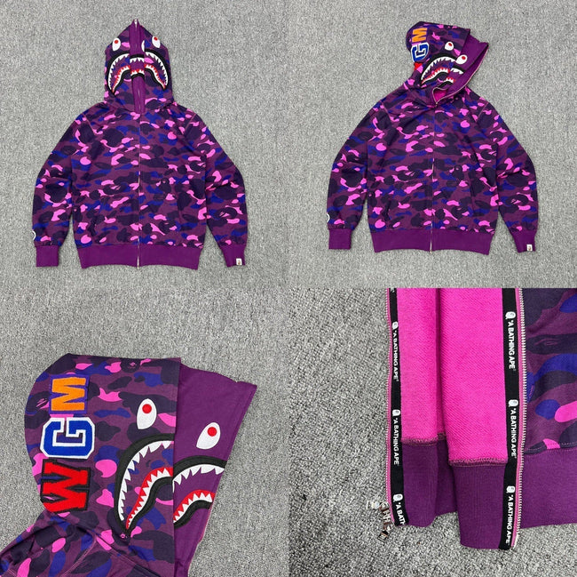 Bape Double Hood Shark Full Zip Hoodie Purple Camo Main Image