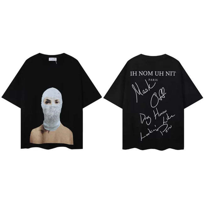 IH NOM UH NIT Masked Female Portrait Script Graphic Tee - Black Hover Image