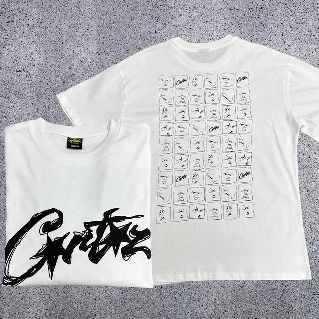 Corteiz All-Over Sketch Grid T-Shirt – White/Black Hover Image